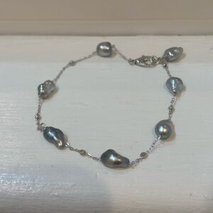 8” 6-9mm Black Tahitian Keshi Pearl 925 Sterling Silver Bracelet